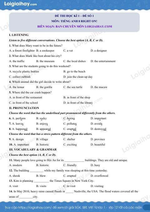 Đề thi học kì 1 Tiếng Anh 8 Right on! - Đề số 1
